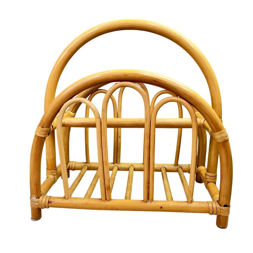 Vintage Mid Century Rattan Magazine Rack Wood Bamboo Curved Light Natural Beachy